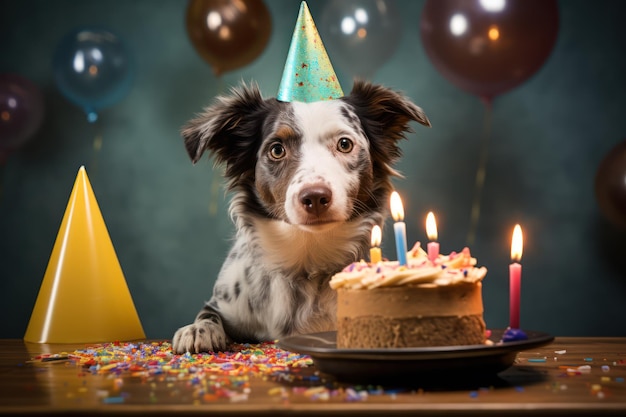 Adorable dog celebrates with cake and hat