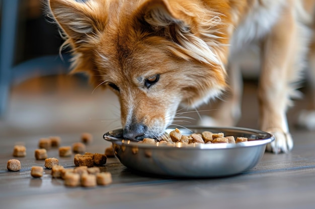 Adorable Dog Enjoying a Meal of Dry Dog Food in a Stainless Steel Bowl