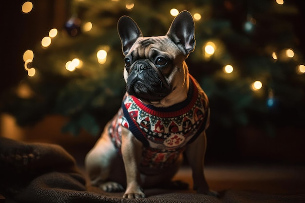 Adorable Dog in Festive Sweater with Christmas Tree