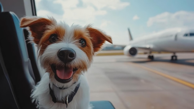 Adorable dog filled with eager anticipation for an exciting airplane journey at the airport