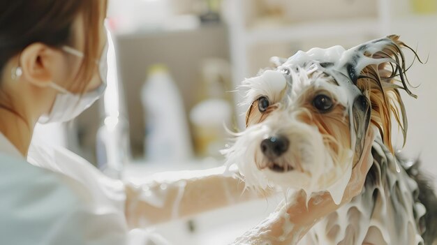 Photo adorable dog getting a professional grooming and bathing in salon