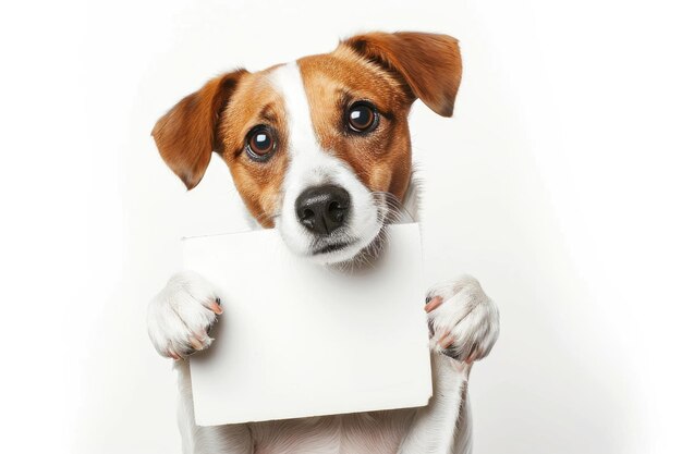 Photo adorable dog holding blank sign perfect for messages and announcements