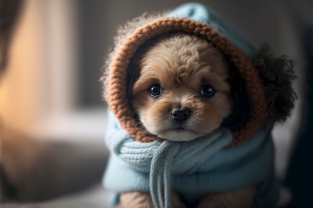 Adorable dog puppy in warm clothes ai generative