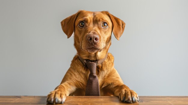 Photo adorable dog wearing business tie sitting at wooden table