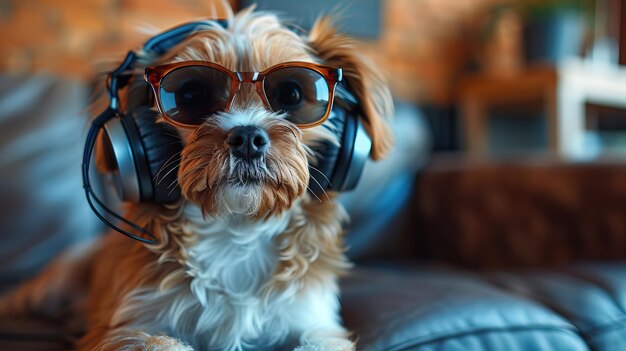 Adorable dog wearing headphones and stylish glasses relaxing on a yellow couch Perfect for themes of music and pets