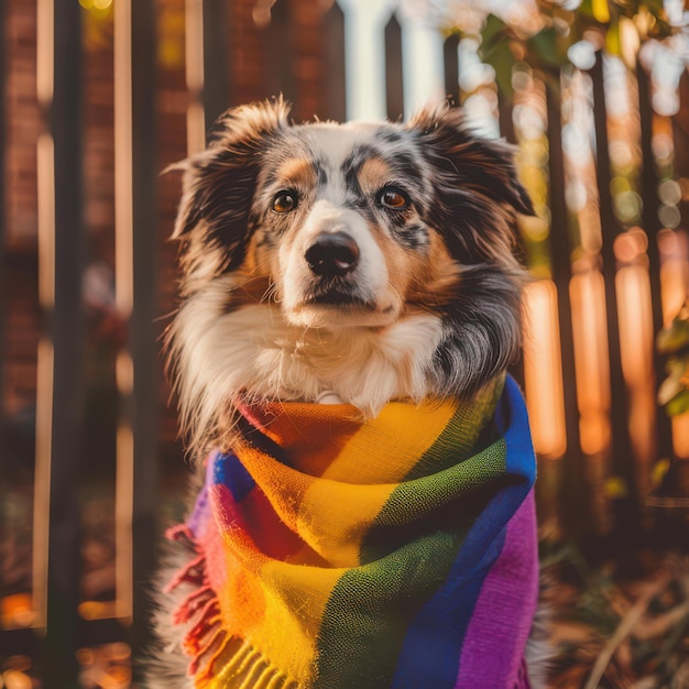 Adorable Dog Wearing Rainbow Scarf in Autumn Setting Pet Photography for LGBTQ Support