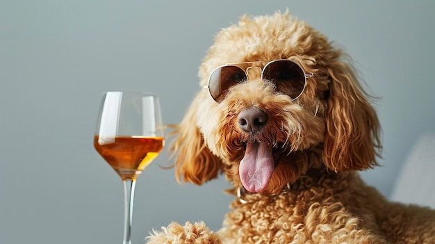 Adorable dog wearing sunglasses holding a glass of wine creating a stylish and fun indoor scene with