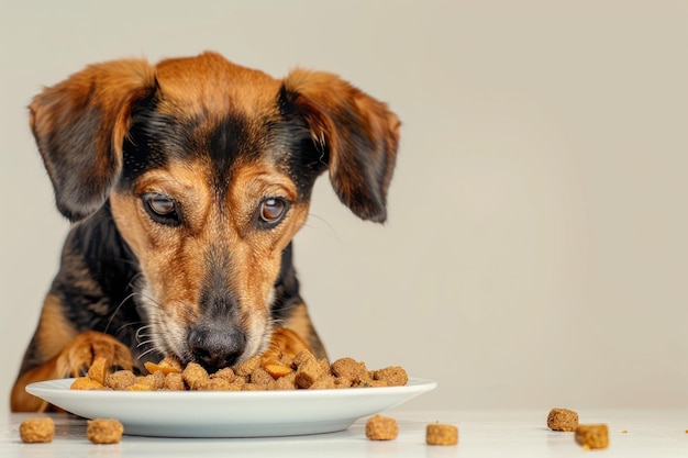 Adorable Dog with Curious Expression Sniffing a Plate of Tasty Treats