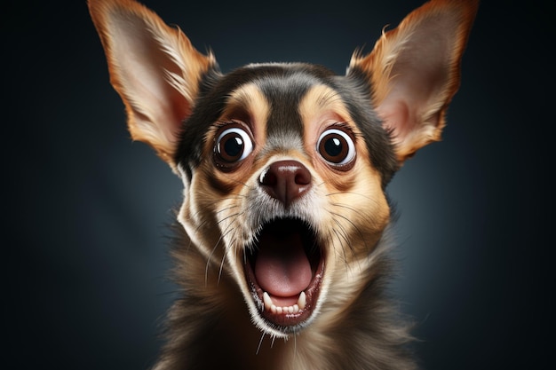 Adorable dog with a surprised expression on its face looking at the camera in astonishment