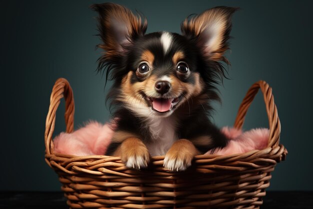 adorable domestic little dog in a basket on a dark background