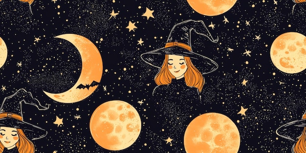 Photo adorable doodle cute halloween seamless pattern of little witches and smiling full moons ar 21 quality 2 tile stylize 250 v 61 job id d4ae50bd960f4fe9819660f3e02332d1