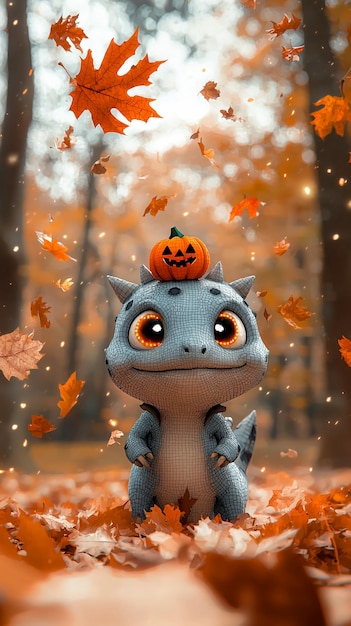 Adorable Dragon with Pumpkin on its Head in Autumn Forest