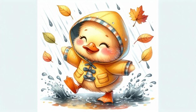 Photo adorable duckling splashing in autumn rain watercolor illustration