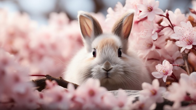 Adorable easter bunny delighted by beautiful and colorful blooming spring flowers