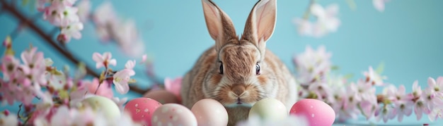 An adorable Easter bunny surrounded by pastelcolored eggs and pink flowers against a blue backdrop