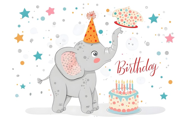 Photo adorable elephant wearing party hat holding birthday cake on colorful starry background in charming