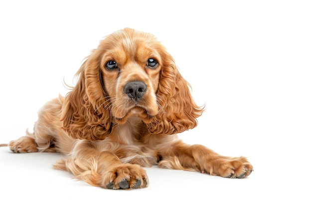 Adorable English cocker spaniel ravishing portrait on white isolated background