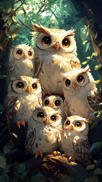 Adorable Family of Owls Perched in a Tree