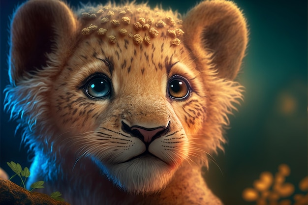 Adorable and fanciful baby lion with intricate fantasy features and a cute,