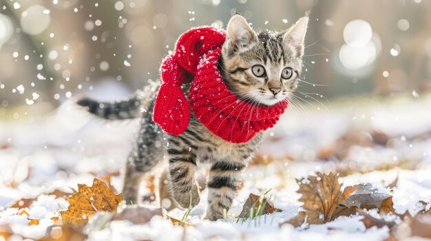 Adorable feline in bright outfit strolls gracefully through beautiful snowy landscape