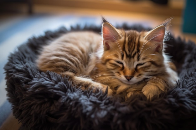 Adorable feline cozily lying on a pet bed enjoying relaxation