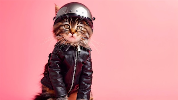 Photo adorable fluffy cat dressed as a biker posing with helmet isolated on a vibrant pink flat background