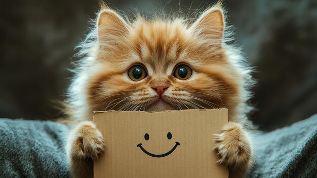 Photo adorable fluffy cat holding a sign with a cheerful smile perfect for conveying happiness and warmth in your project