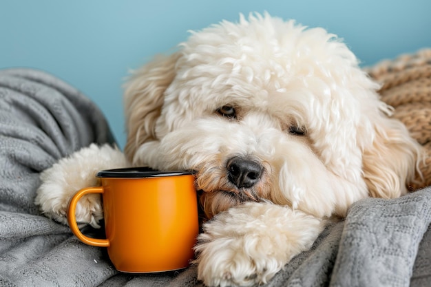 Photo adorable fluffy dog resting in bed enjoying comfort with a cup soft and cozy atmosphere