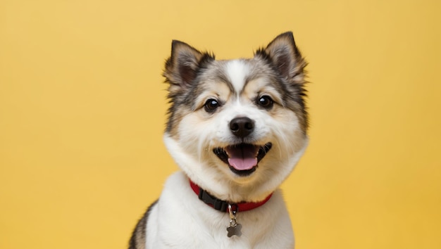 Adorable fluffy dog smiling against a vibrant yellow background perfect for pet related concepts