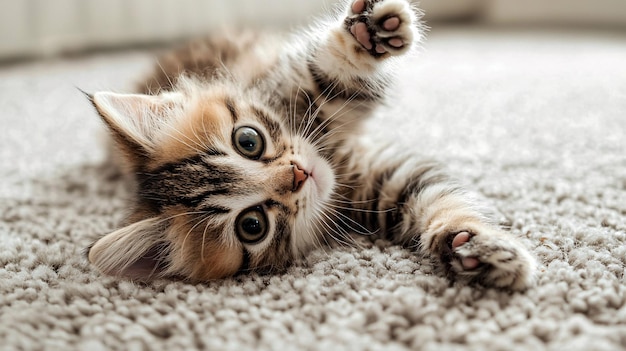 Adorable Fluffy Kitten Playfully Relaxing on Soft Carpet with Paws in the Air Keywords