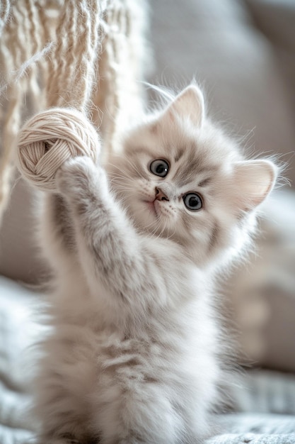 Photo adorable fluffy kitten playing with yarn cute pet photography