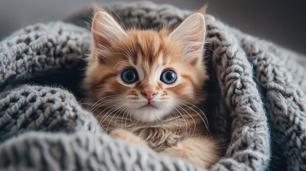 Adorable fluffy kitten with big blue eyes nestled in a cozy blanket looking curiously at c