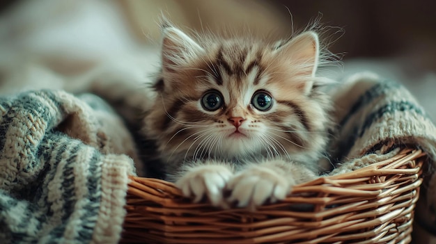 Adorable Fluffy Kitten with Big Round Eyes Nestled in a Wicker Basket Surrounded by Cozy B