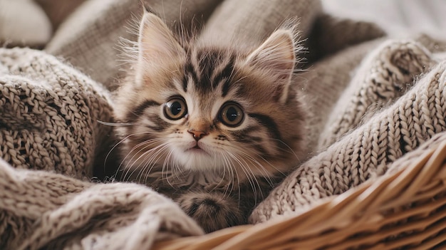 Photo adorable fluffy kitten with big round eyes nestled in a wicker basket surrounded by cozy b