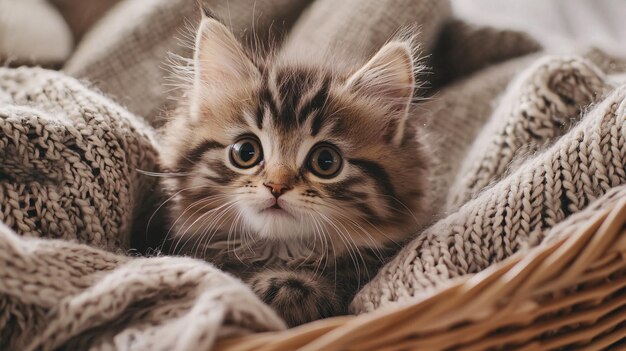 Photo adorable fluffy kitten with big round eyes nestled in a wicker basket surrounded by cozy b