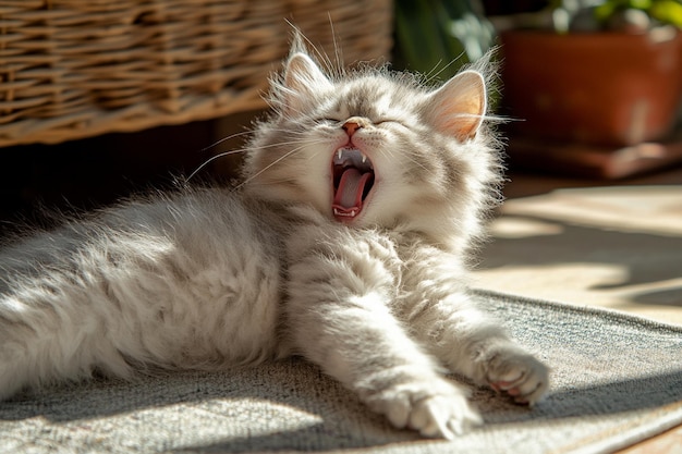 Photo adorable fluffy kitten yawning in sunlight cozy home atmosphere