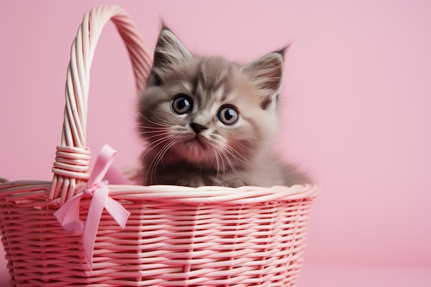 adorable fluffy little kitten in a wicker basket on a pink background with copy space