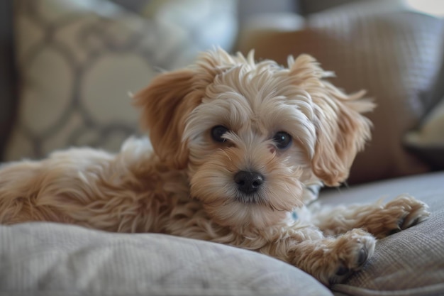 Adorable fluffy small dog lounging on couch