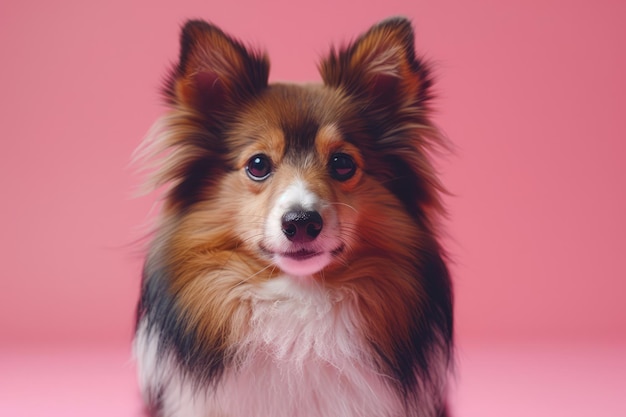 Adorable Fluffy Tri colored Shetland Sheepdog Portrait on Vibrant Pink Background Cute Canine