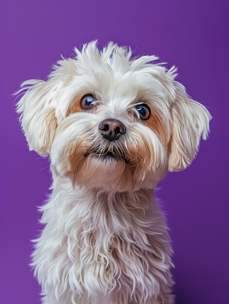 Adorable Fluffy White Dog Portrait on Vibrant Purple Background Captures Playful and Innocent