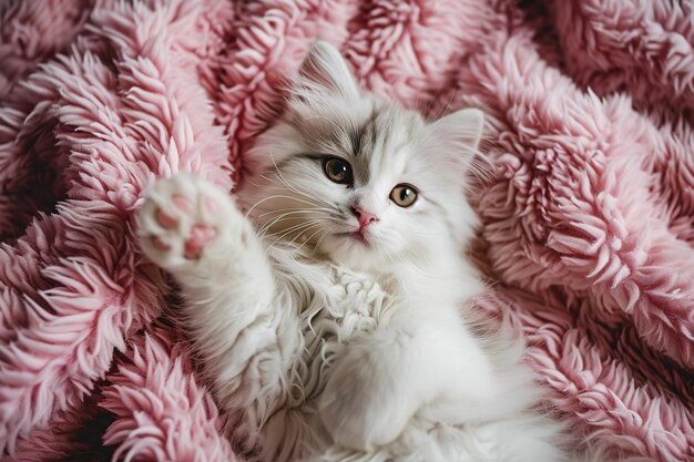 Photo adorable fluffy white kitten lies on its back on warm pink blanket