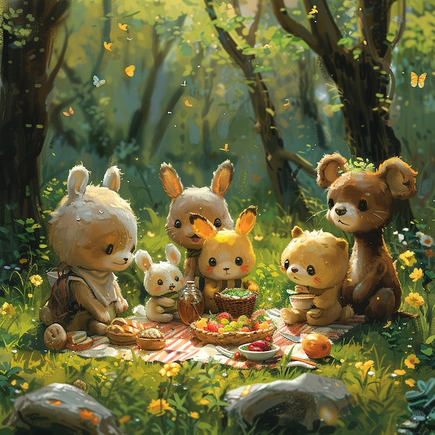 Photo adorable forest animals enjoying a picnic in the woods