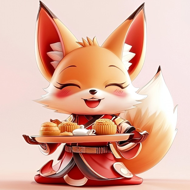 Photo adorable fox character holding mooncakes