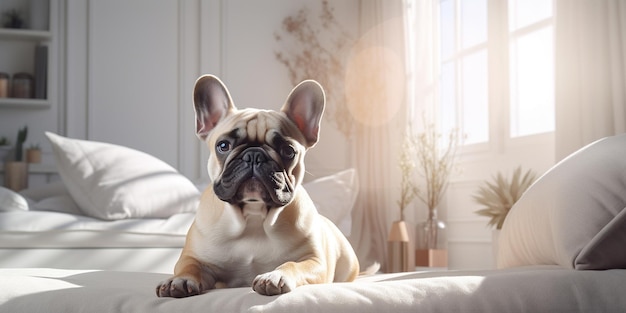 An adorable French Bulldog is lying down in a square bed