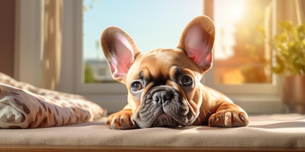 An adorable French Bulldog is lying down in a square bed