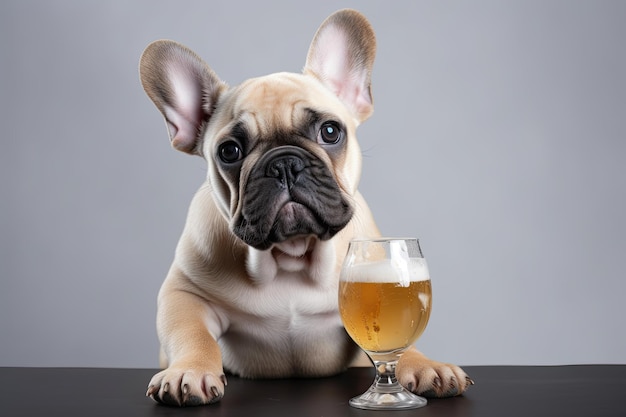 Adorable French Bulldog Puppy Enjoying a Pint of Beer Isolated on White