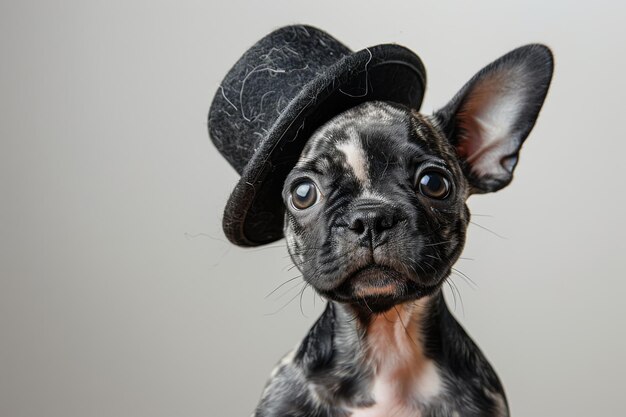 Photo adorable french bulldog puppy wearing a stylish black top hat against a neutral background