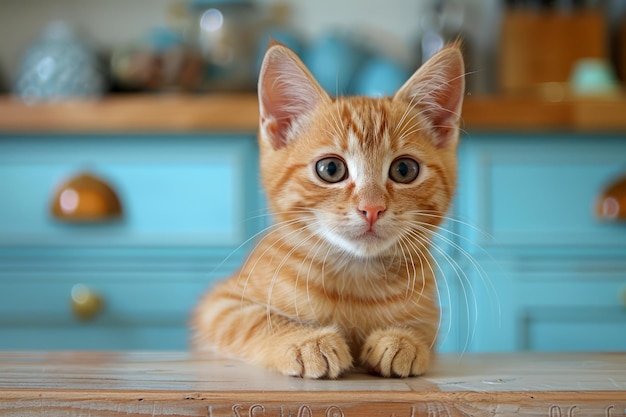 Adorable Ginger Kitten Sitting on Wooden Table Against Blue Cabinet Background in Cozy Home Setting