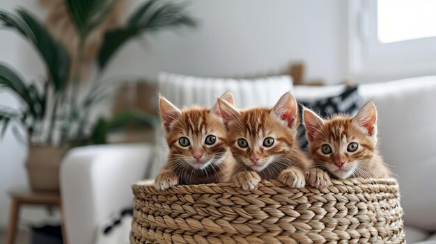 Photo adorable ginger kittens sitting in a woven basket in a cozy modern living room