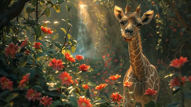 Adorable giraffe in a flower garden generative ai